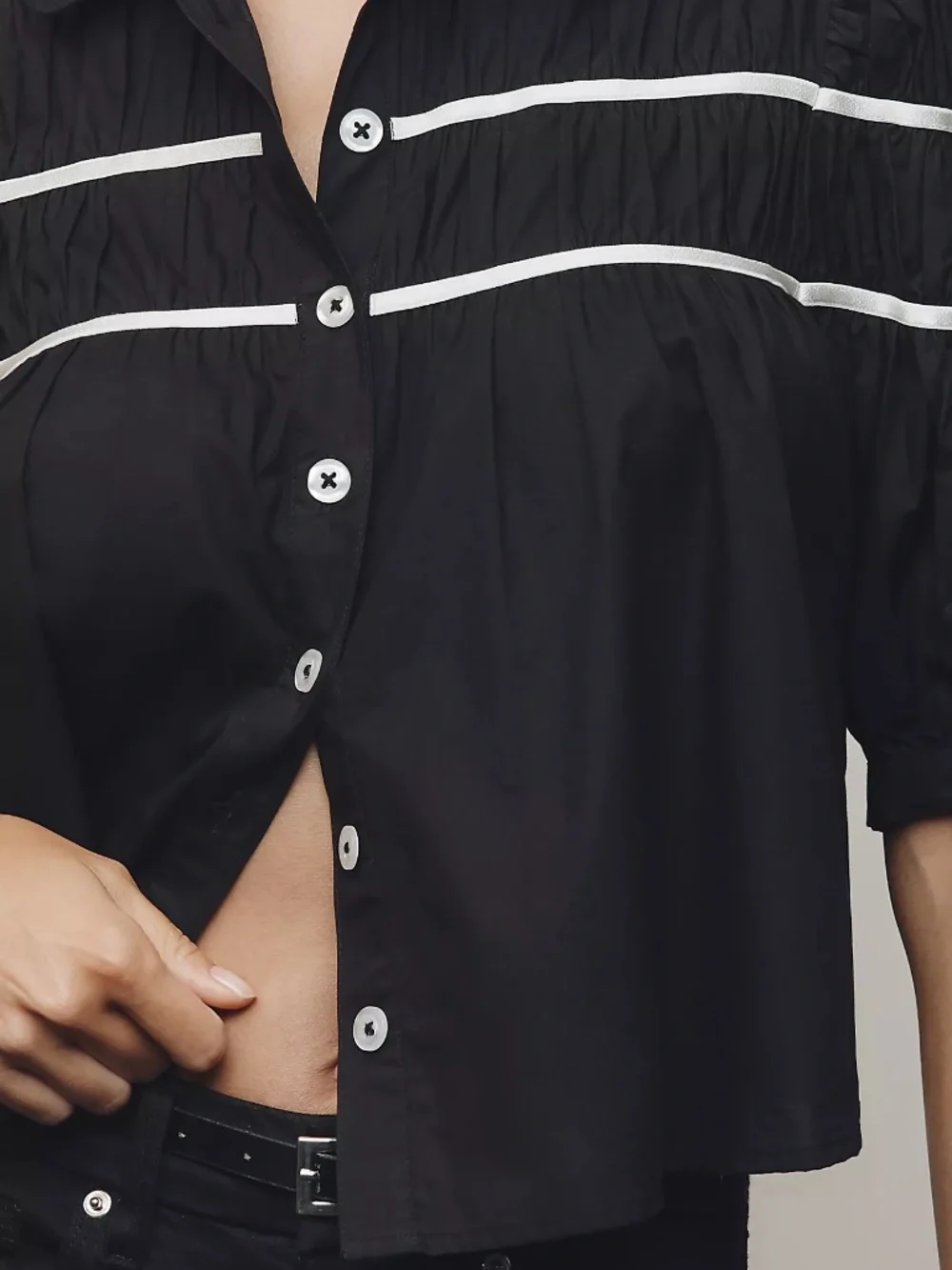 NWT Maeve Leandra Cotton Shirred Yoke Black Button Down Short Sleeve Blouse XXS - Picture 3 of 9